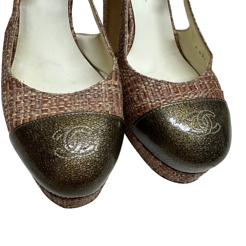 Chanel Tweed CC‎ Interlocking Bronze Raffia Slingback Platform Heels Cap Toe 37 - Picture 8 of 13